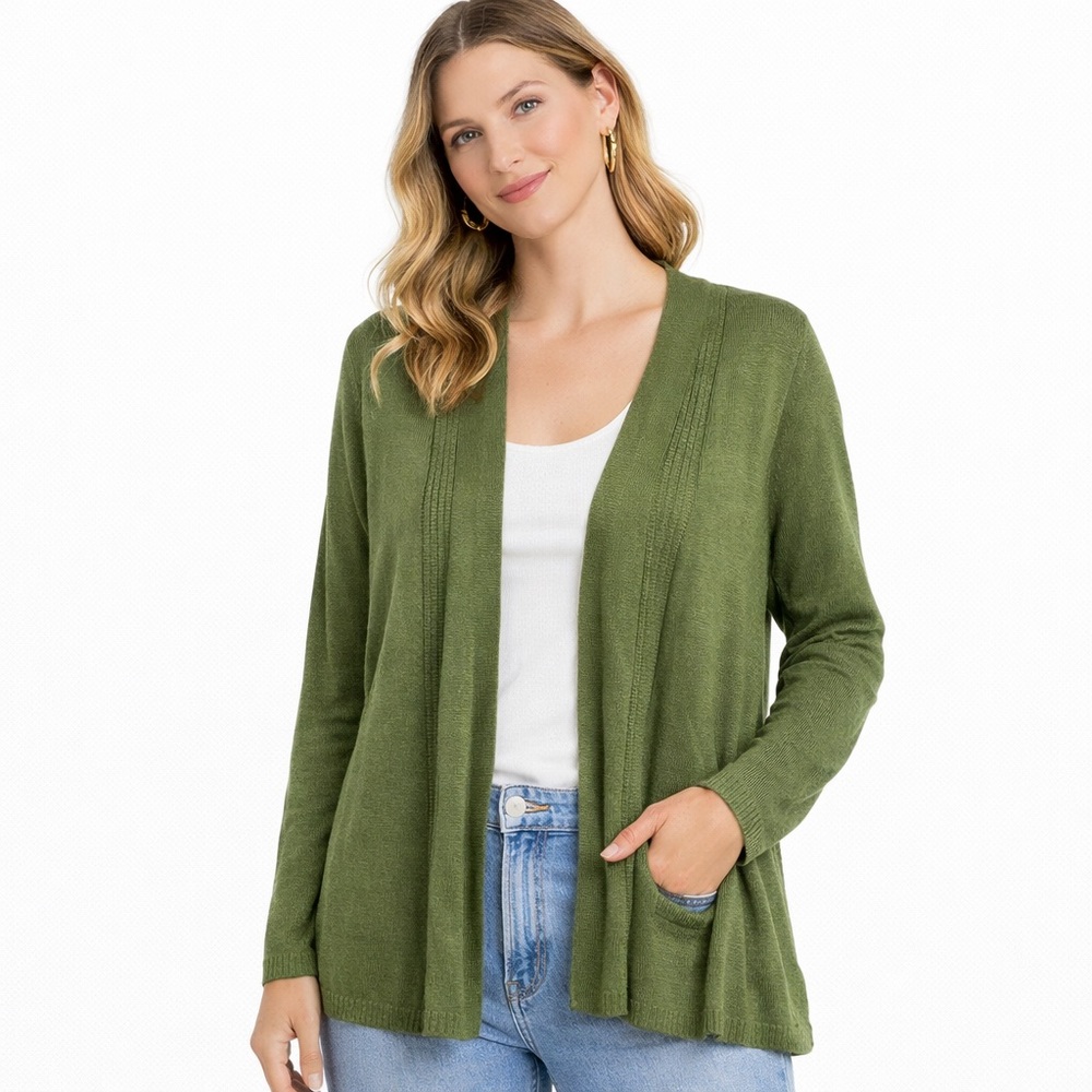 Parallel Olive Green Open-Front Knit Cardigan – XL
